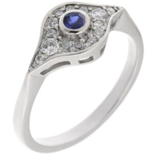 classic 1920's art deco design blue sapphire cluster ring rubover grain set surround round brilliant cut diamonds platinum gold