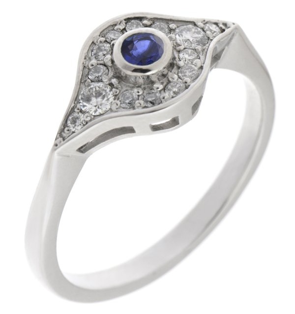 classic 1920's art deco design blue sapphire cluster ring rubover grain set surround round brilliant cut diamonds platinum gold