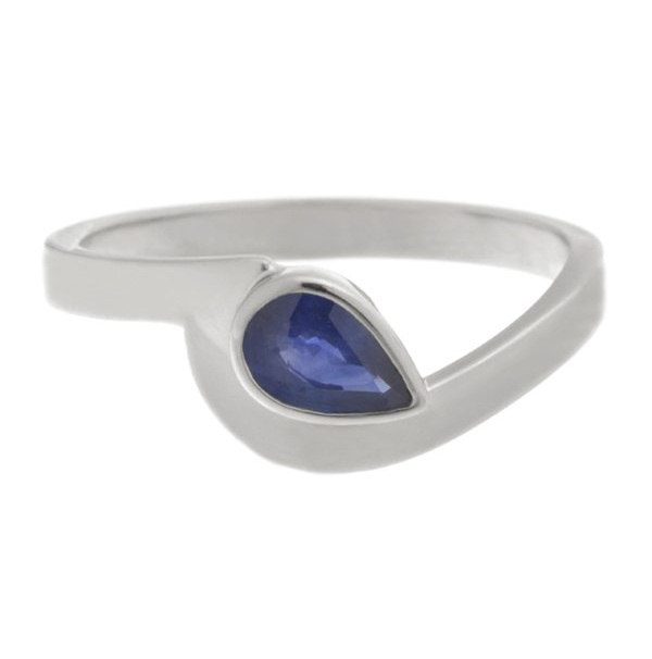 Modern pear shape Blue Sapphire solitaire engagement ring modernist contemporary rubover setting crossover design platinum gold