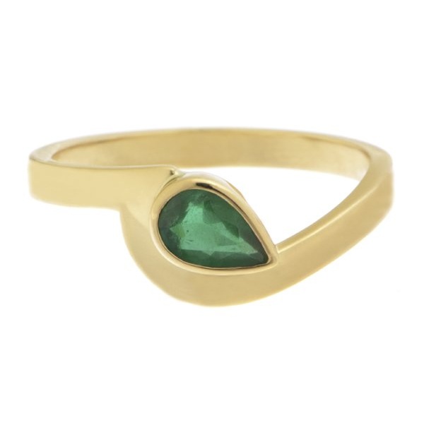 Modern pear shape green Emerald solitaire engagement ring modernist contemporary rubover setting crossover design platinum gold
