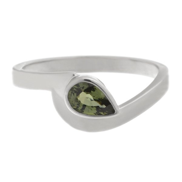 Modern pear shape Green Sapphire solitaire engagement ring modernist contemporary rubover setting crossover design platinum gold