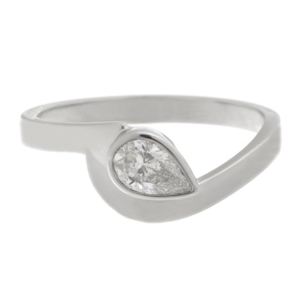 Modern pear shape diamond solitaire engagement ring modernist contemporary rubover setting crossover design platinum gold