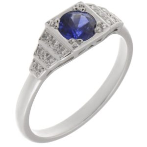 classic 1920's art deco style engagement ring round Blue Sapphire diamond square diamonds stepped platinum gold