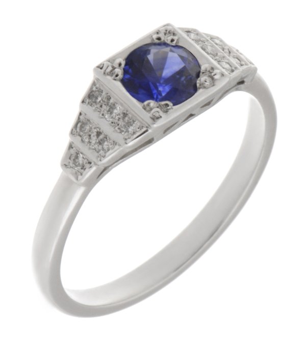 classic 1920's art deco style engagement ring round Blue Sapphire diamond square diamonds stepped platinum gold