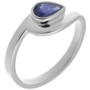 Modern pear shape Blue Sapphire solitaire engagement ring modernist contemporary rubover setting crossover design platinum gold