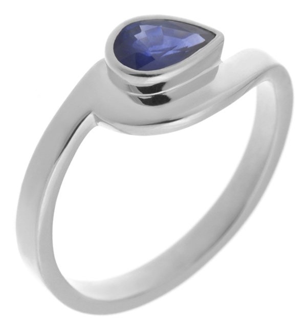 Modern pear shape Blue Sapphire solitaire engagement ring modernist contemporary rubover setting crossover design platinum gold