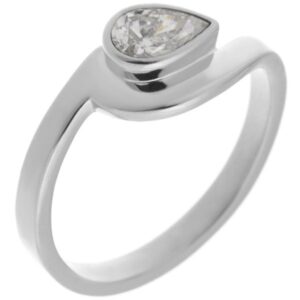 Modern pear shape diamond solitaire engagement ring modernist contemporary rubover setting crossover design platinum gold