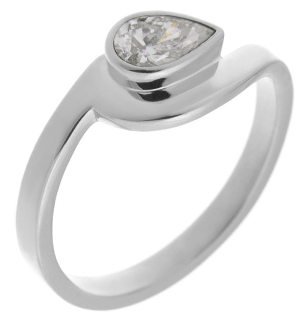 Modern pear shape diamond solitaire engagement ring modernist contemporary rubover setting crossover design platinum gold