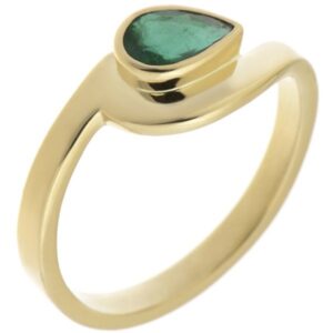 Modern pear shape green Emerald solitaire engagement ring modernist contemporary rubover setting crossover design platinum gold