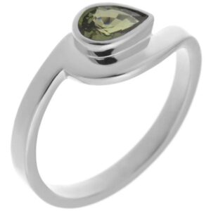 Modern pear shape Green Sapphire solitaire engagement ring modernist contemporary rubover setting crossover design platinum gold