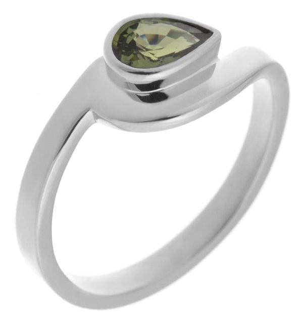Modern pear shape Green Sapphire solitaire engagement ring modernist contemporary rubover setting crossover design platinum gold