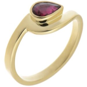 Modern pear shape Ruby solitaire engagement ring modernist contemporary rubover setting crossover design platinum gold