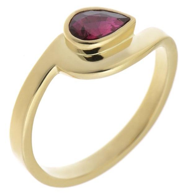 Modern pear shape Ruby solitaire engagement ring modernist contemporary rubover setting crossover design platinum gold