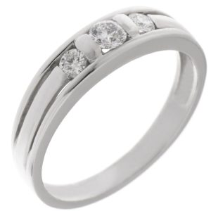 Modernist Art Deco style bar set round brilliant cut diamond trilogy ring modern contemporary Platinum Gold