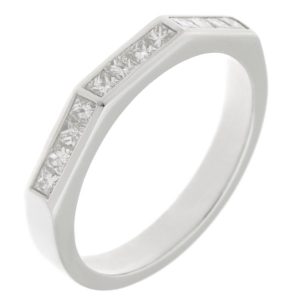 Hexagon angled Shaped channel set Princess Cut Diamond Half Eternity Ring modernist modern contemporary Platinum Gold