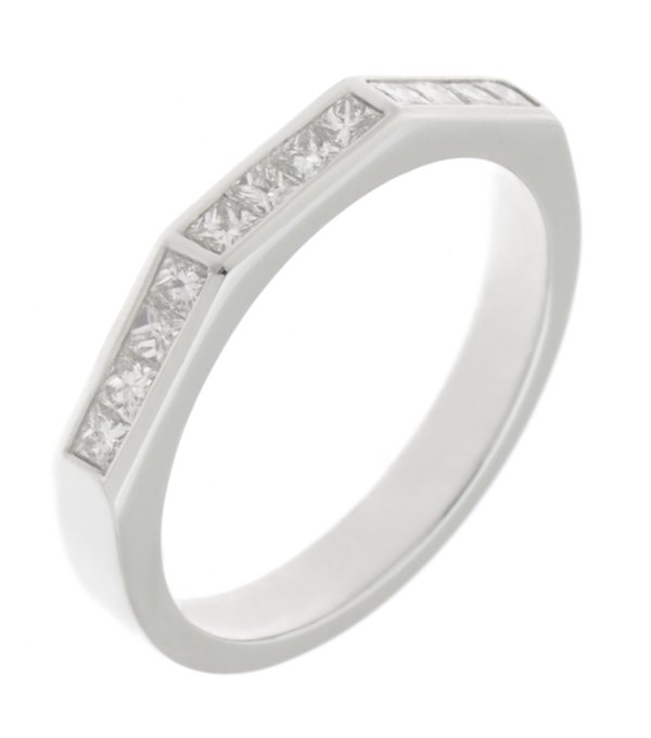Hexagon angled Shaped channel set Princess Cut Diamond Half Eternity Ring modernist modern contemporary Platinum Gold