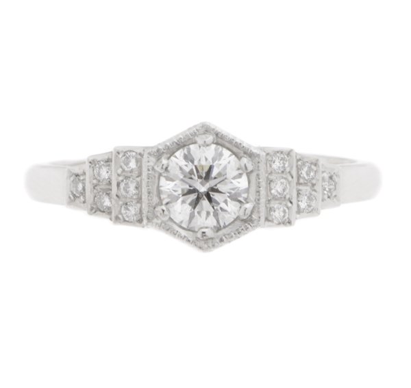classic 1920's art deco style engagement ring round brilliant cut diamond hexagon set centre stepped shoulders platinum gold