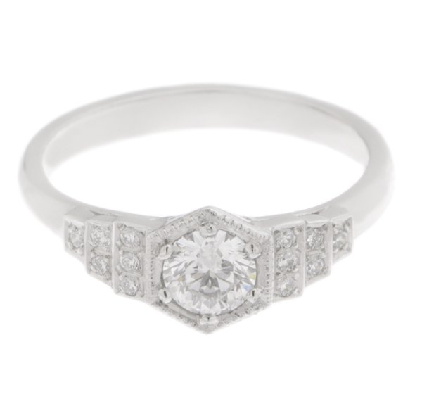 classic 1920's art deco style engagement ring round brilliant cut diamond hexagon set centre stepped shoulders platinum gold