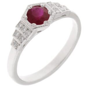 Classic 1920's art deco style engagement ring round Ruby hexagon set diamond stepped shoulders platinum gold