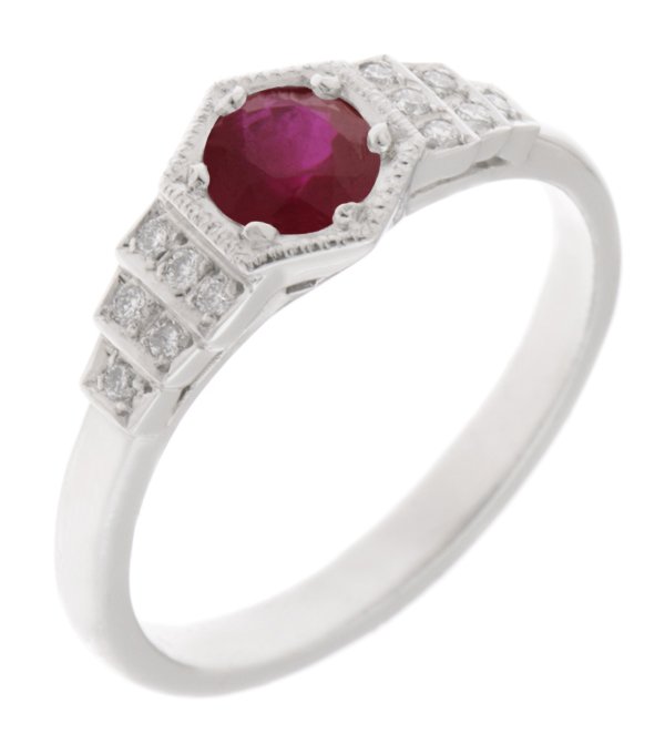 Classic 1920's art deco style engagement ring round Ruby hexagon set diamond stepped shoulders platinum gold