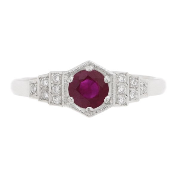 Classic 1920's art deco style engagement ring round Ruby hexagon set diamond stepped shoulders platinum gold