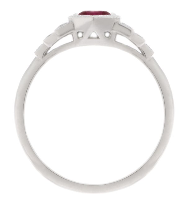 Classic 1920's art deco style engagement ring round Ruby hexagon set diamond stepped shoulders platinum gold