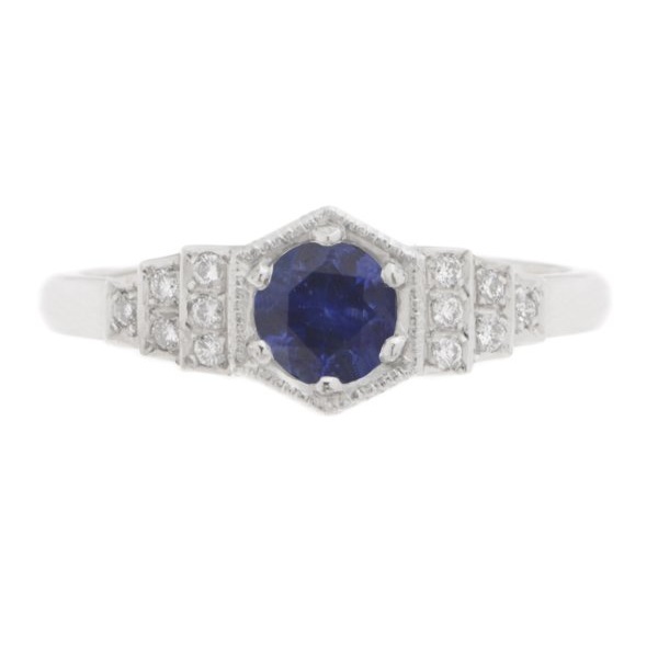 Classic 1920's art deco style engagement ring round blue sapphire hexagon set diamond stepped shoulders platinum gold