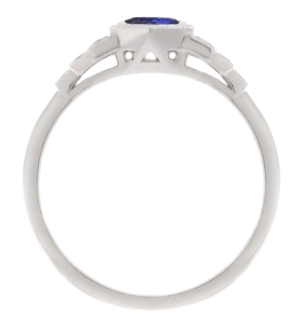 Classic 1920's art deco style engagement ring round blue sapphire hexagon set diamond stepped shoulders platinum gold