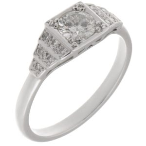 classic 1920's art deco style engagement ring round brilliant cut diamond square diamonds stepped platinum gold