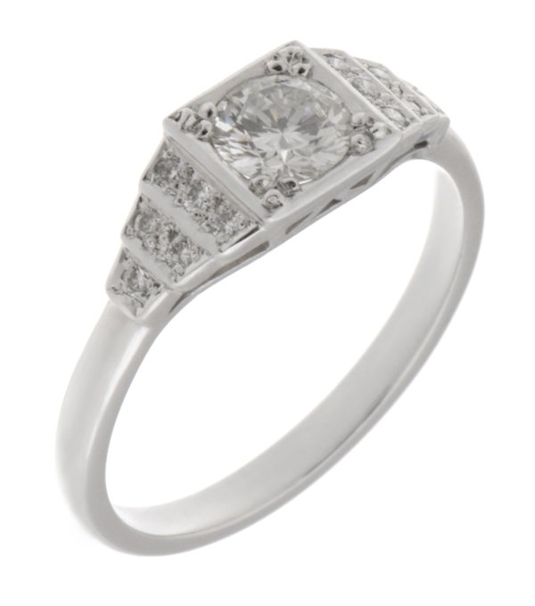 classic 1920's art deco style engagement ring round brilliant cut diamond square diamonds stepped platinum gold
