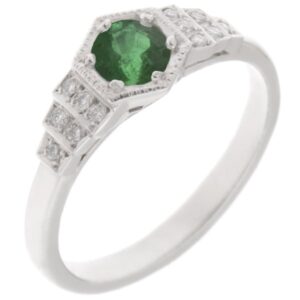 Art deco hexagon round green emerald & diamond engagement dress ring