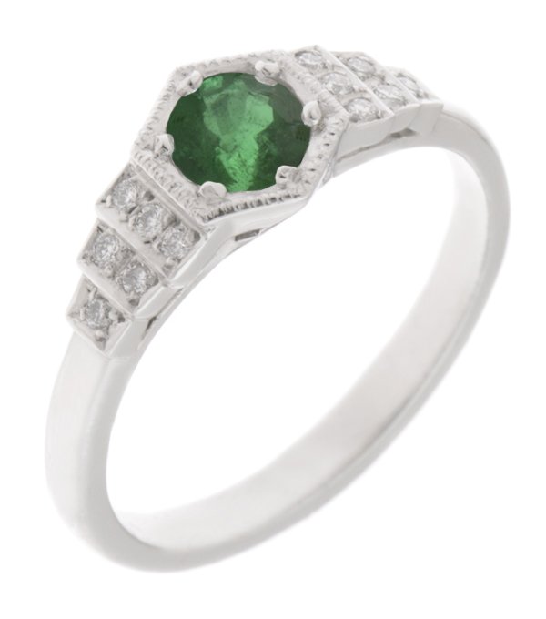 Art deco hexagon round green emerald & diamond engagement dress ring