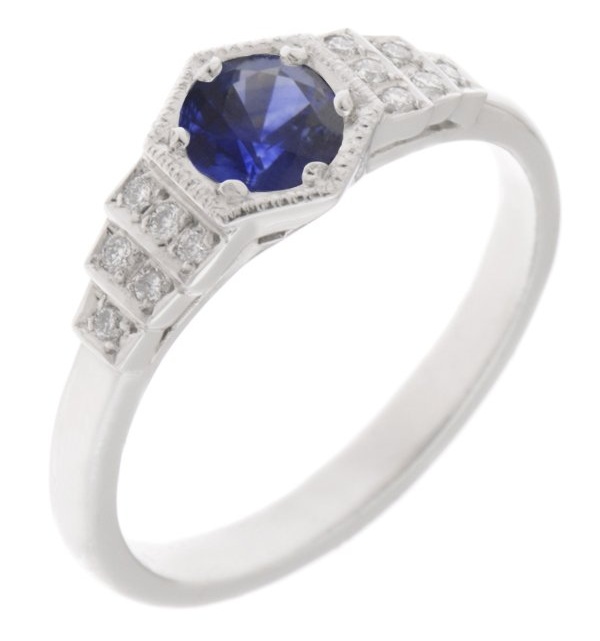 Classic 1920's art deco style engagement ring round blue sapphire hexagon set diamond stepped shoulders platinum gold