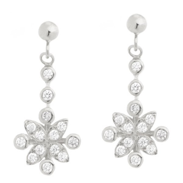 Classic Art deco drop style earrings grain set round brilliant cut diamonds flower petal cluster design platinum gold