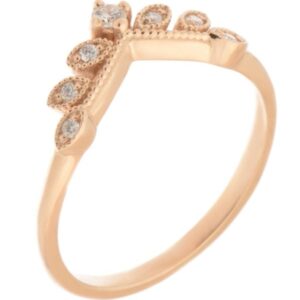 A vintage style wishbone shaped floral petal eternity ring set Round Diamonds millgrain design Platinum Gold