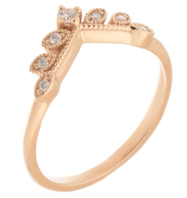 A vintage style wishbone shaped floral petal eternity ring set Round Diamonds millgrain design Platinum Gold