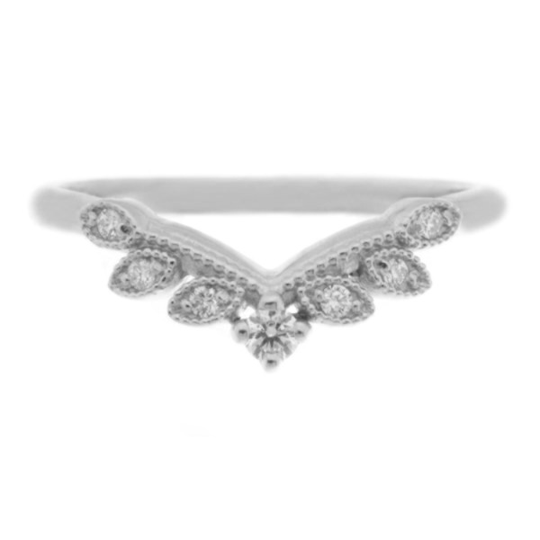 A vintage style wishbone shaped floral petal eternity ring set Round Diamonds millgrain design Platinum Gold