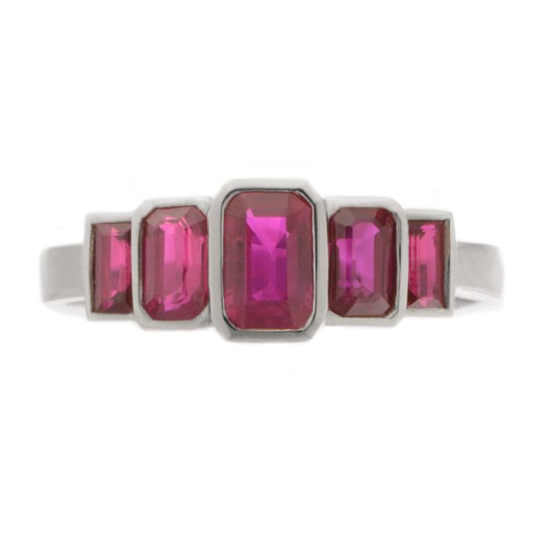 classic Art Deco style half eternity Ruby ring emerald cut octagon & baguette cut rubies rubover 5 five stone designer platinum gold