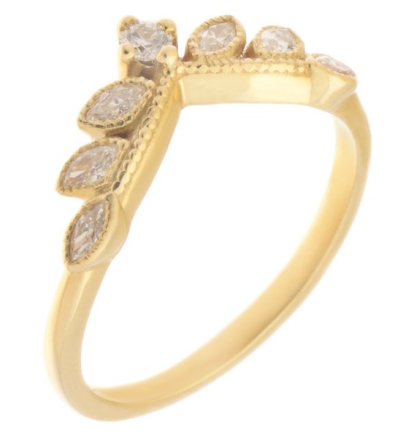 A vintage style wishbone shaped eternity ring set marquise diamonds & Round Diamond millgrain design Platinum Gold