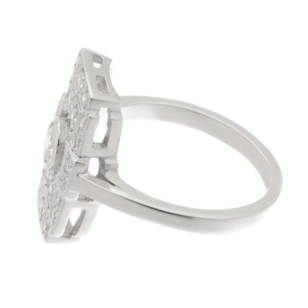 Classic 1920's art deco style cluster dress ring round brilliant cut diamond smaller diamonds pierced milled platinum gold