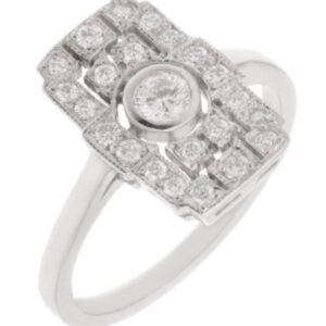 Classic 1920's art deco style cluster dress ring round brilliant cut diamond smaller diamonds pierced milled platinum gold