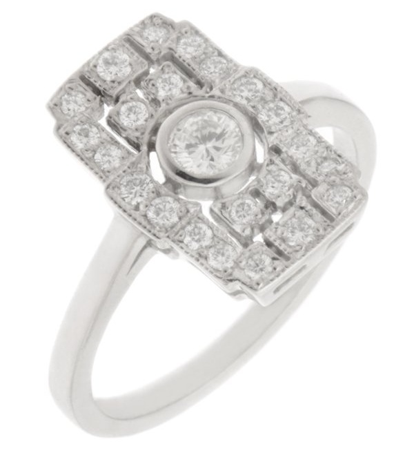 Classic 1920's art deco style cluster dress ring round brilliant cut diamond smaller diamonds pierced milled platinum gold