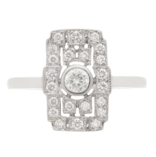 Classic 1920's art deco style cluster dress ring round brilliant cut diamond smaller diamonds pierced milled platinum gold