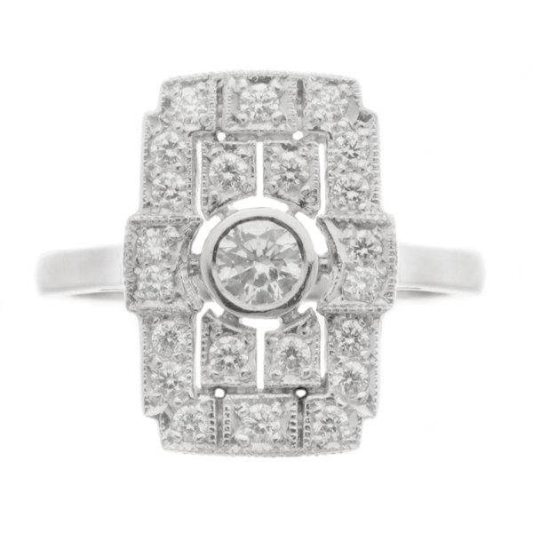 Classic 1920's art deco style cluster dress ring round brilliant cut diamond smaller diamonds pierced milled platinum gold