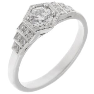 classic 1920's art deco style engagement ring round brilliant cut diamond hexagon set centre stepped shoulders platinum gold