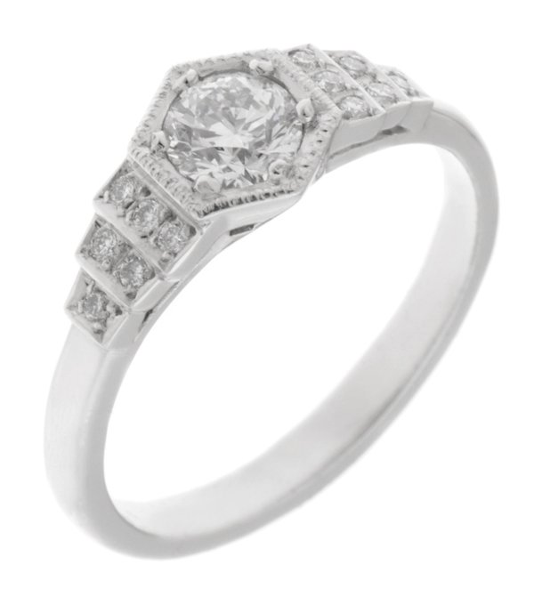 classic 1920's art deco style engagement ring round brilliant cut diamond hexagon set centre stepped shoulders platinum gold