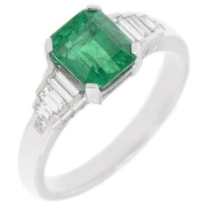 Classic art deco style modern ring large Green Emerald cut step baguette cut diamonds engagement 1920's platinum gold