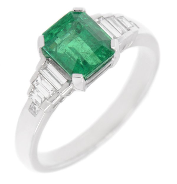 Classic art deco style modern ring large Green Emerald cut step baguette cut diamonds engagement 1920's platinum gold