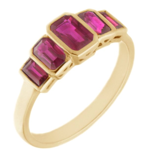classic Art Deco style half eternity Ruby ring emerald cut octagon & baguette cut rubies rubover 5 five stone designer platinum gold