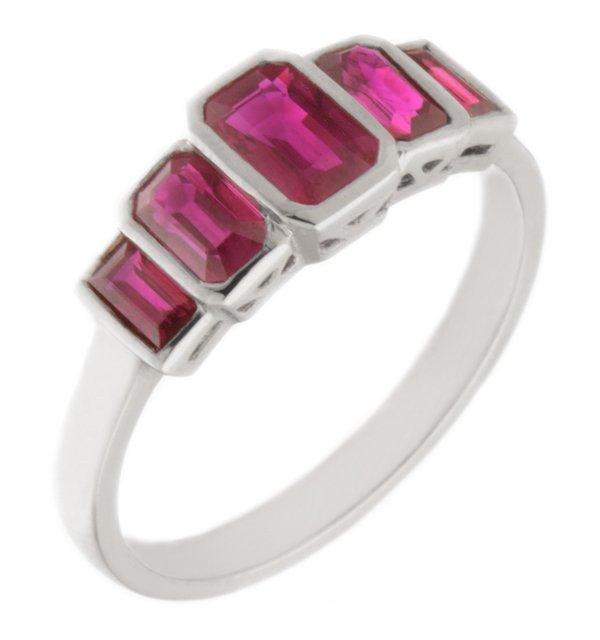classic Art Deco style half eternity Ruby ring emerald cut octagon & baguette cut rubies rubover 5 five stone designer platinum gold